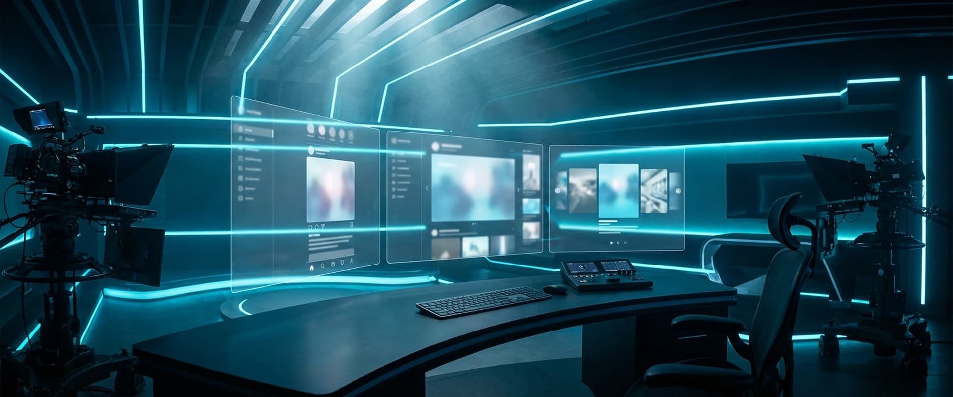 KI-gestütztes Content-Studio mit holografischen Bildschirmen